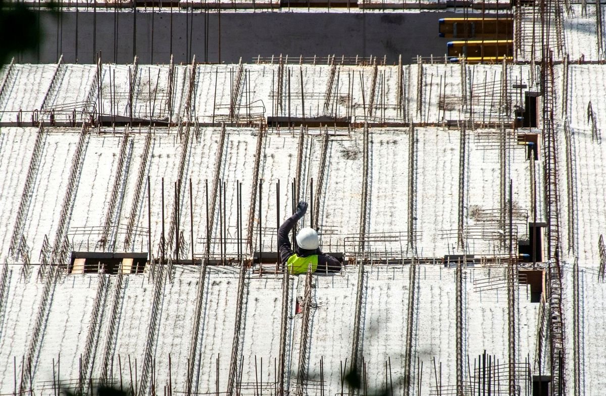 Concrete and formwork on a building site seen from above