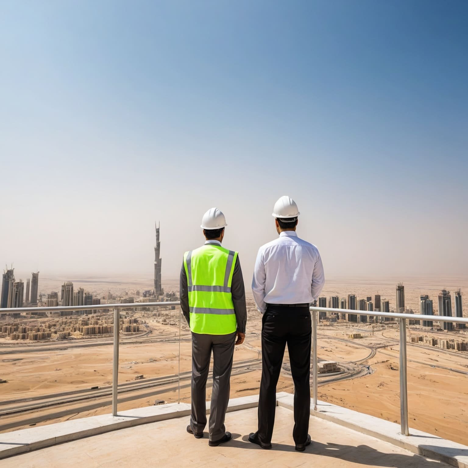 Two engineers overlooking a Saudi city skyline from a construction site